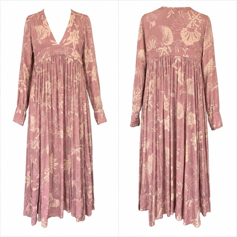 April Cornell Dusty Pink Cottage Prairie Dress Tea Length Boho Sz S Long Sleeve